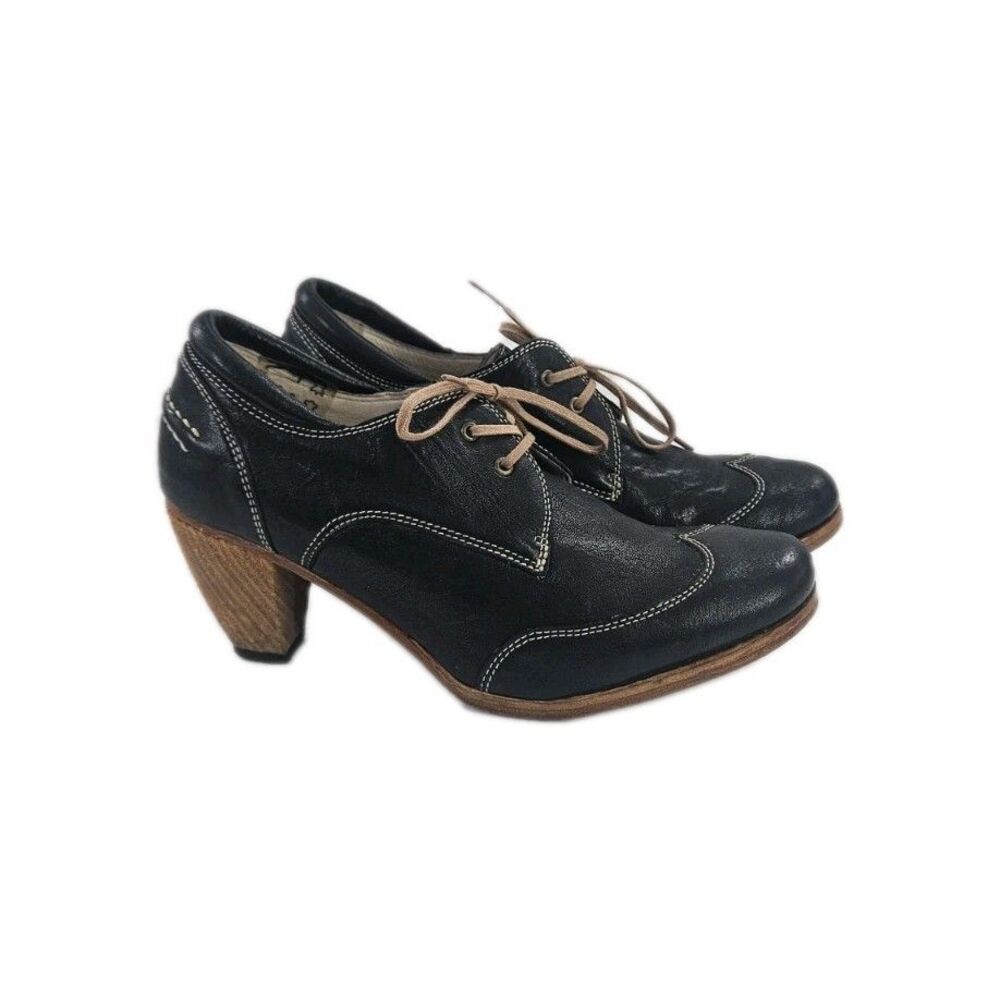 J Shoes Women's Black Leather‎ Oakley Oxford Heeled Shoes Sz 10 Wingtip W/ Laces